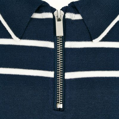 Boys navy stripe knitted zip polo shirt